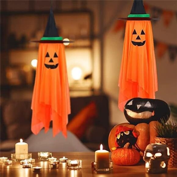 Halloween Decor, 2 Pack Orange Pumpkin Wizard Hat Pre-Installed Pumpkin Ghost - Picture 5 of 8